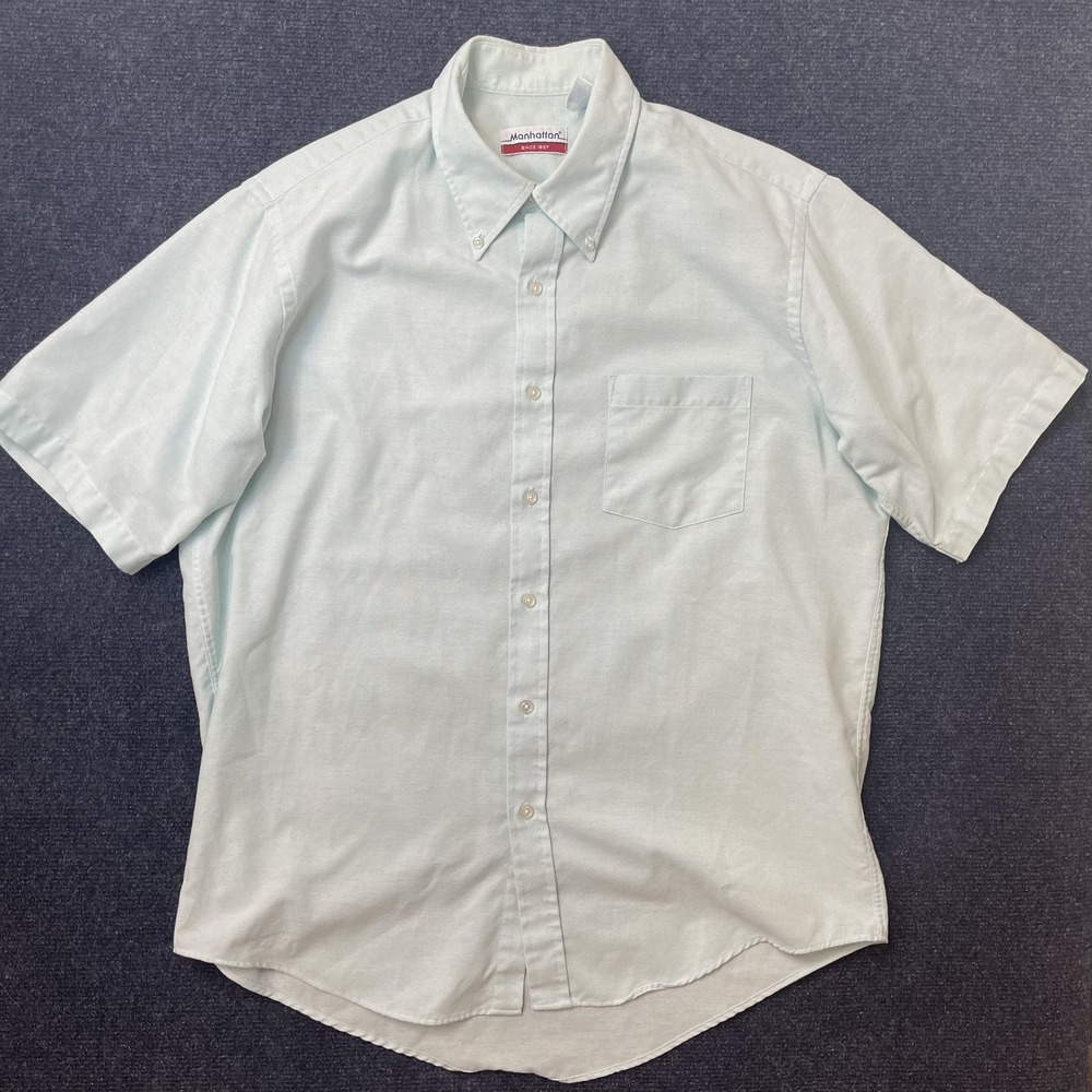 Vintage Manhattan Shirt Mens Large Green Solid Short Sleeve Button Up Cotton
